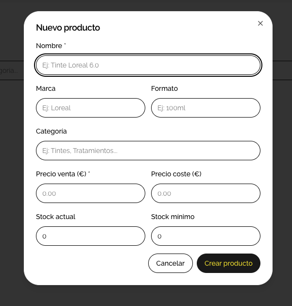 Formulario para dar de alta un producto nuevo con marca, formato, precios y stock