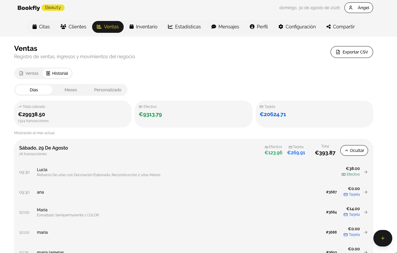 Pantalla de ventas con el total cobrado, efectivo, tarjeta y el detalle del día
